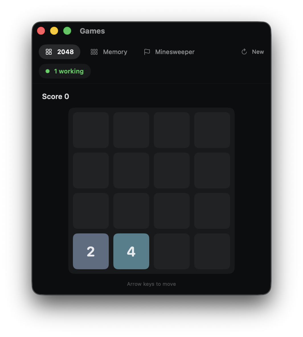 AgentNotch calm games window showing 2048