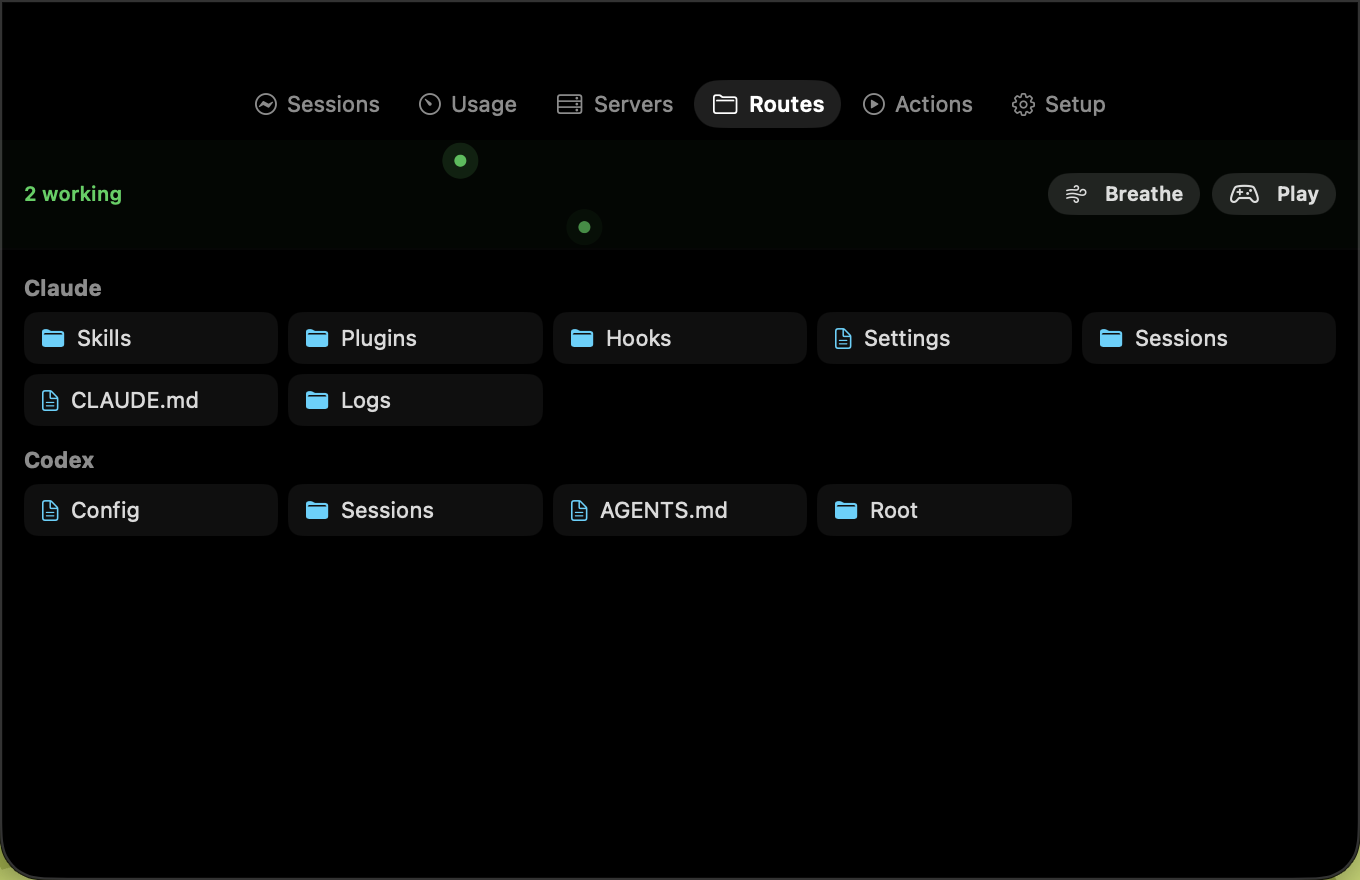 AgentNotch quick routes for Claude Code and Codex files