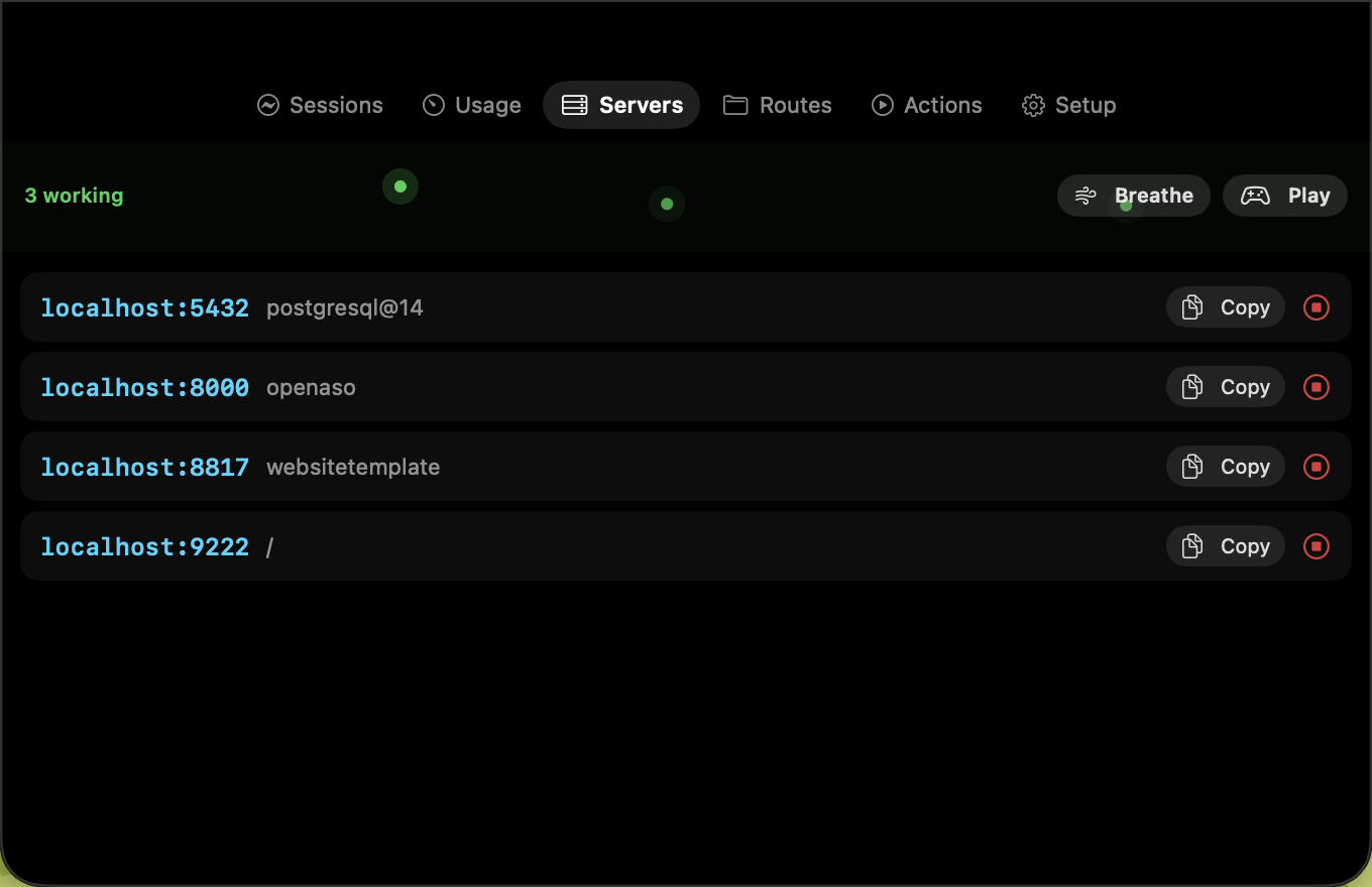 AgentNotch listing local development servers and their ports