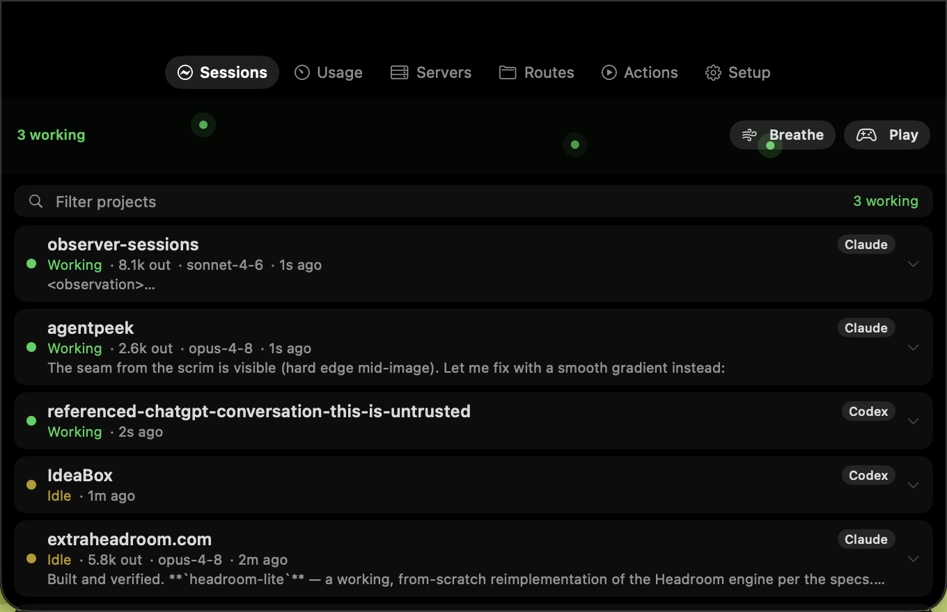 AgentNotch showing live Claude Code and Codex sessions