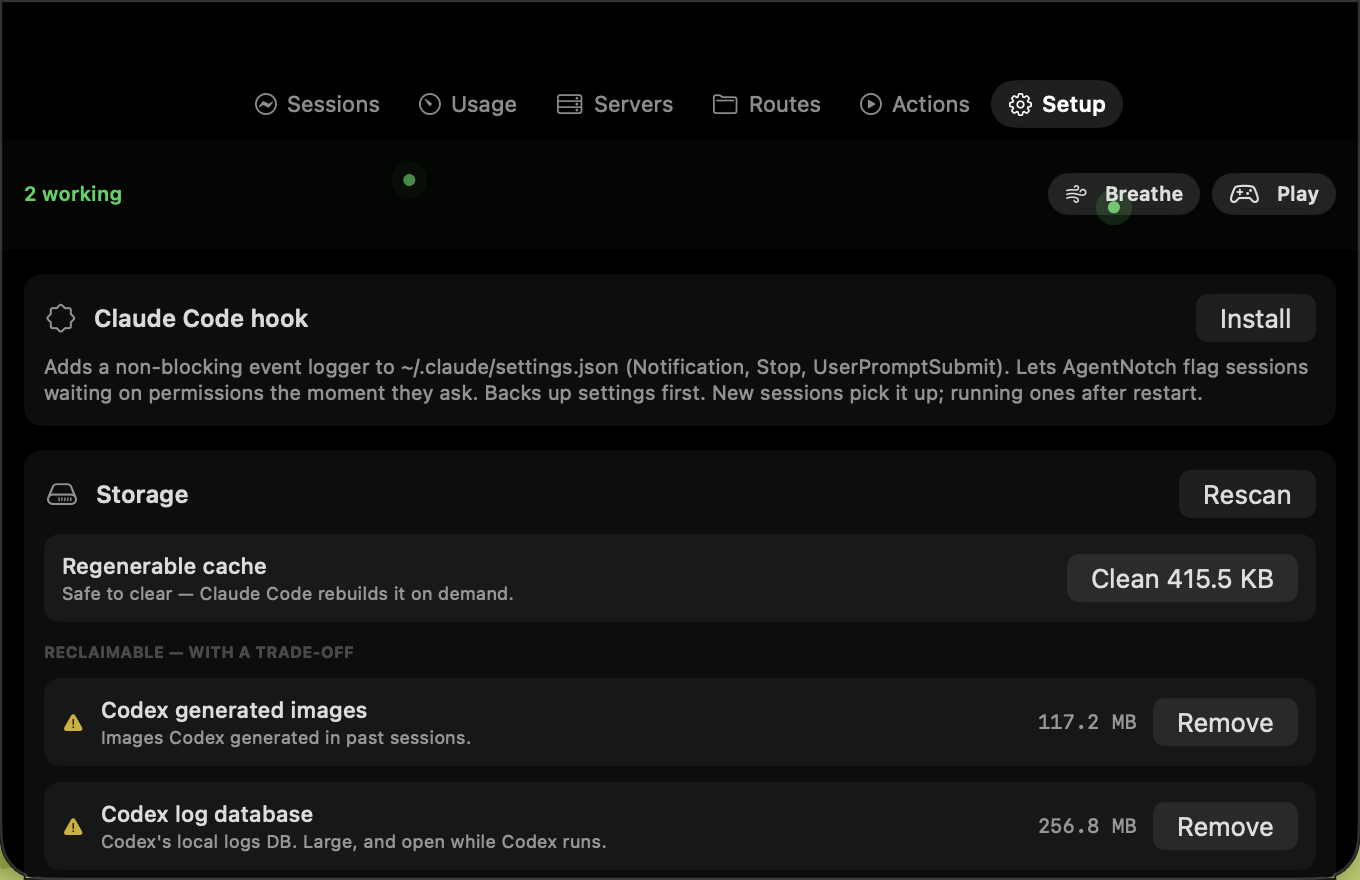 AgentNotch permission hook and conservative storage cleaner